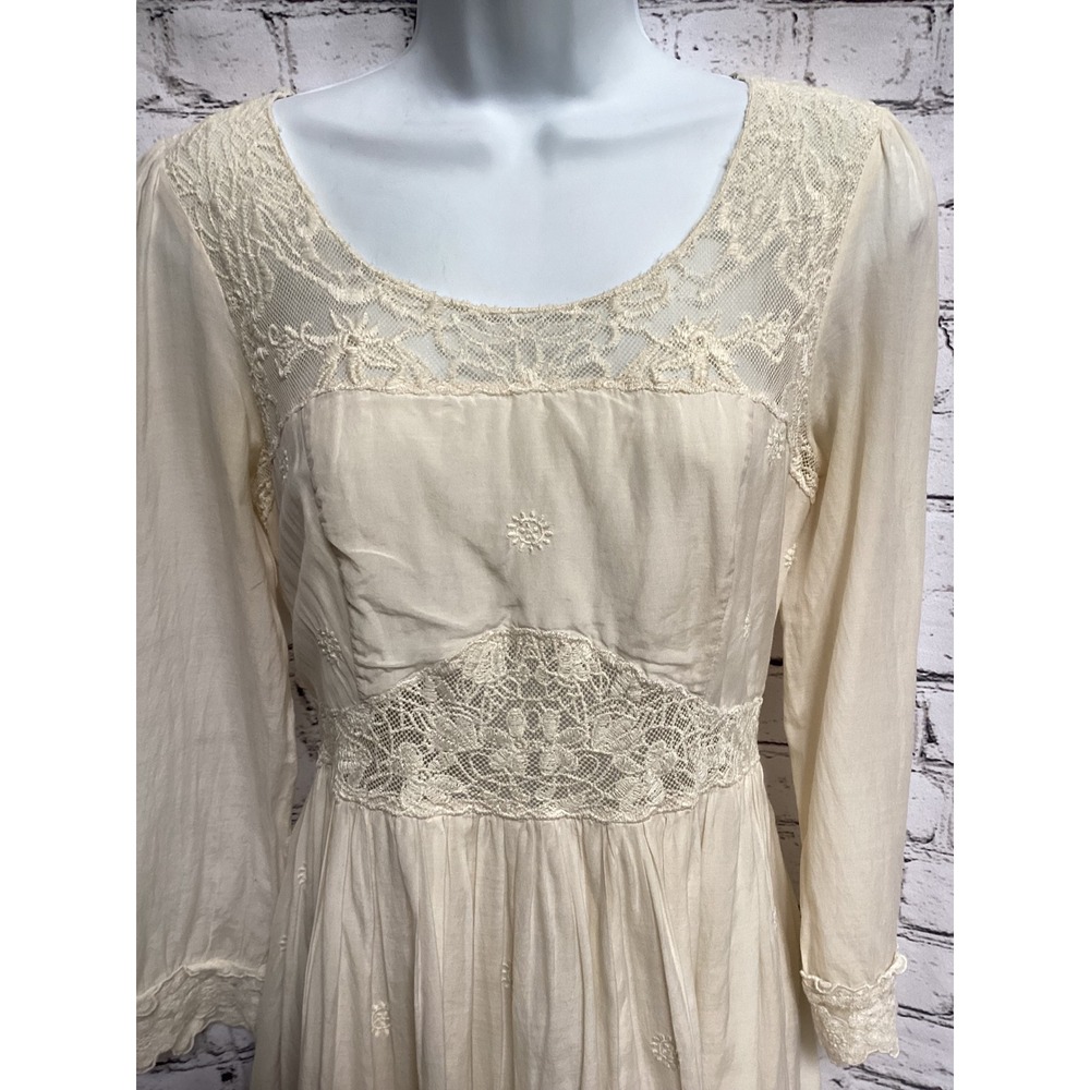 Free People Cream Lace Embroidered Boho Mini Dress Long Sleeve High Low Ivory - Picture 4 of 6